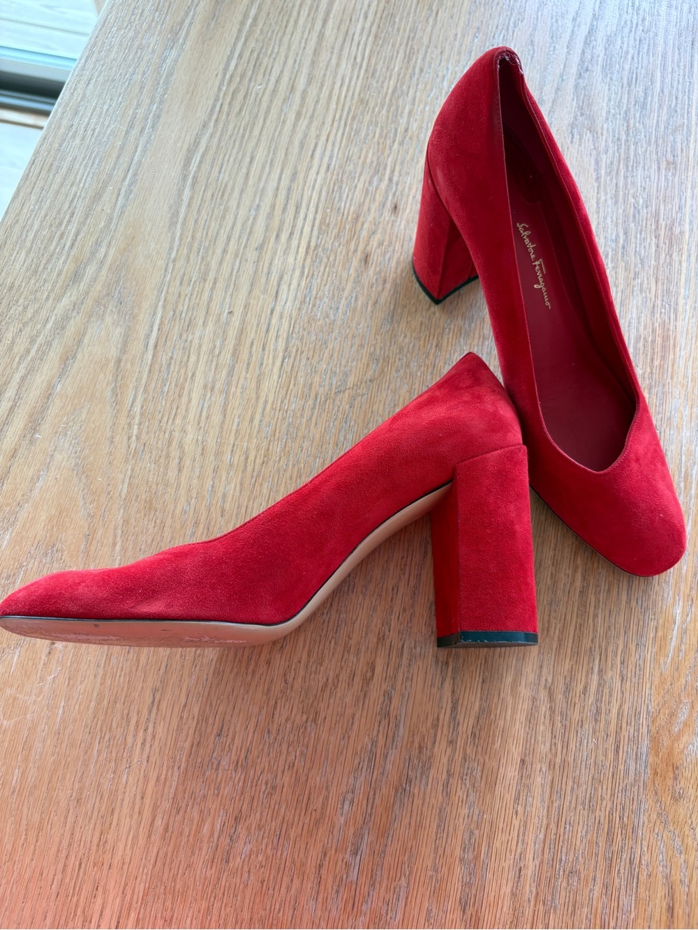 Salvatore Ferragamo Red Suede Block Heel Pumps